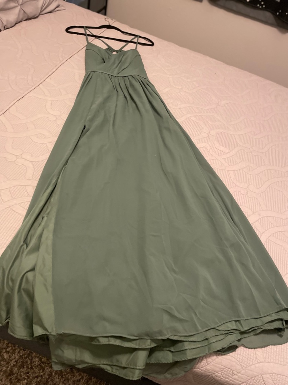 Azazie Sage Green Crisscross Spaghetti Strap Maxi Dress